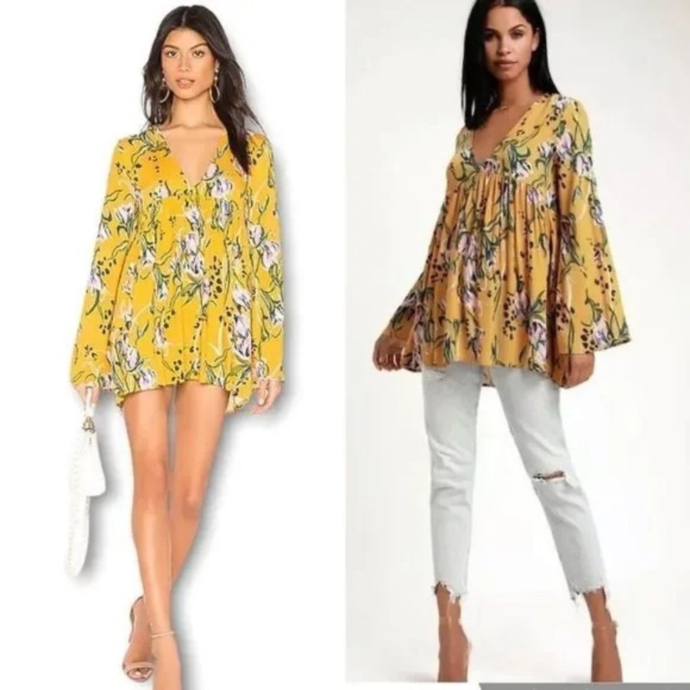 Free People Retro Tunic Blouse Bella Golden Floral Print Bell Sleeve